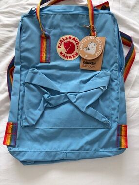 Fjallraven Kanken Rainbow Light Blue Backpack with Rainbow Straps
